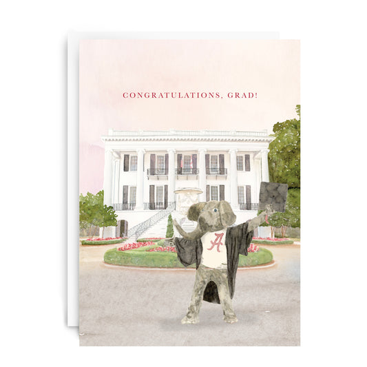 Watercolor card of the University of Alabama mascot, Big Al, in a graduation cap and gown.