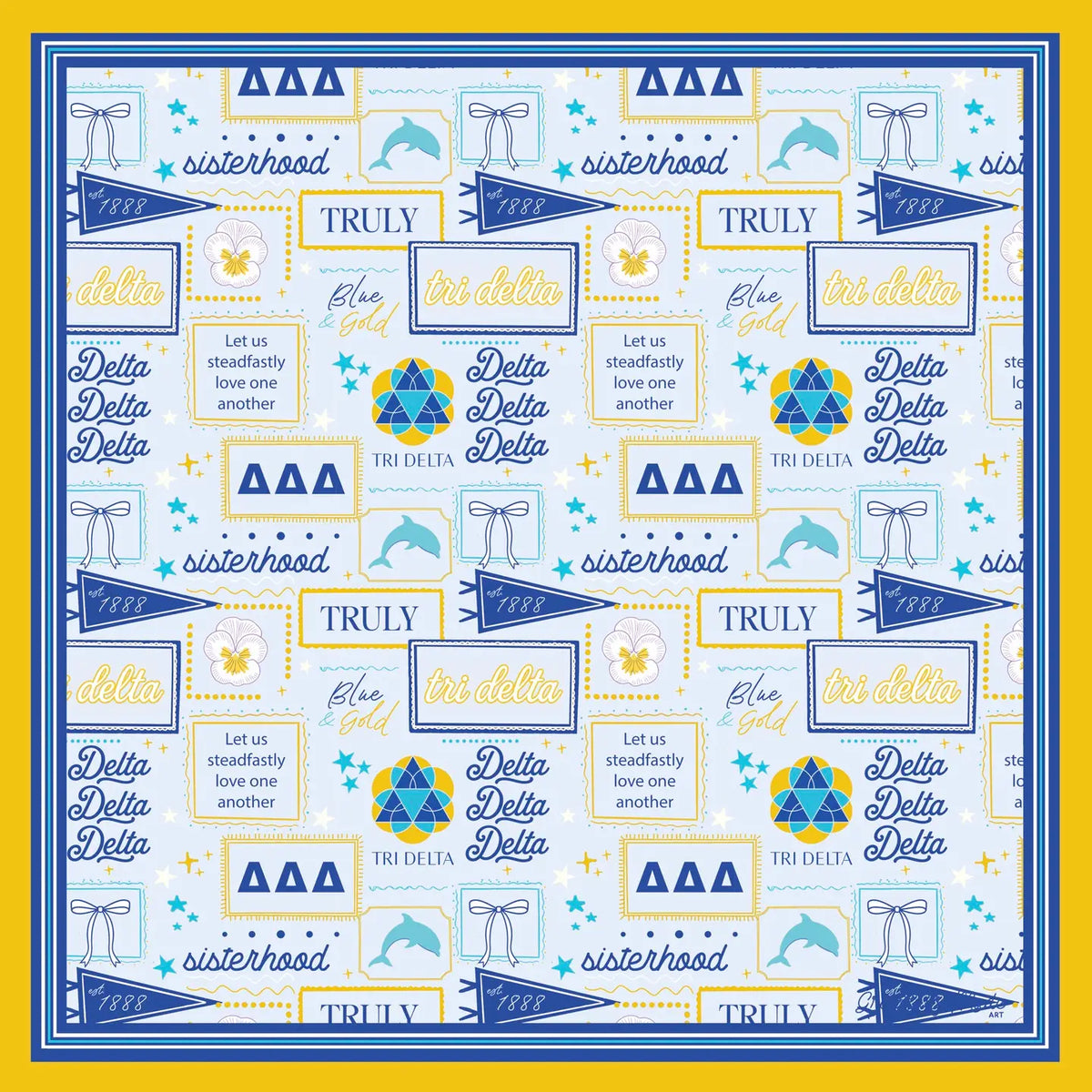 A close up of a Tri Delta themed silk scarf with a light blue background, navy blue and yellow border featuring illustrations including a dolphin, stars, bow, and flower.