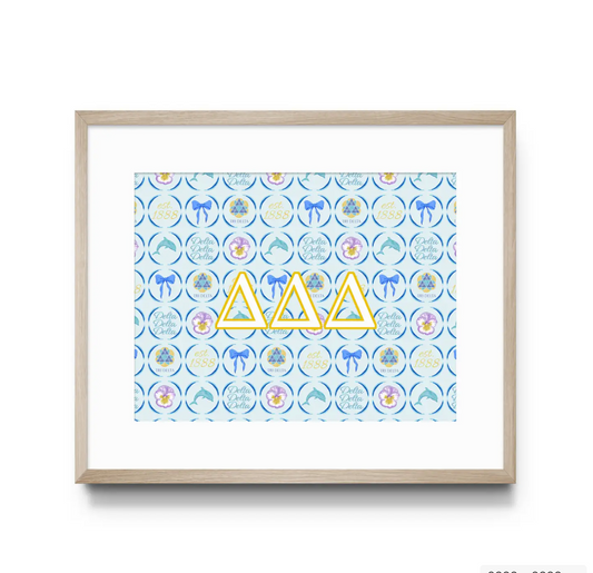 Framed artwork with Tri Delta Greek letters and decorative pattern on a white background