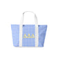 Tote bag with blue and white checkered pattern and gold Tri Delta Greek letters on a white background