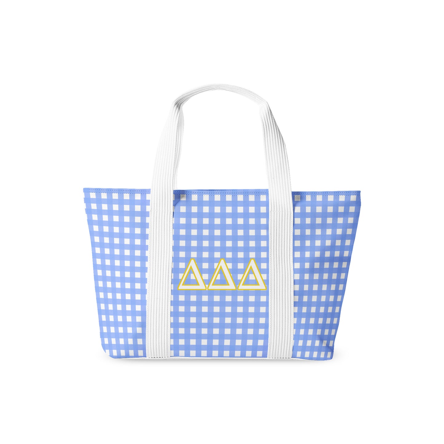 Tote bag with blue and white checkered pattern and gold Tri Delta Greek letters on a white background