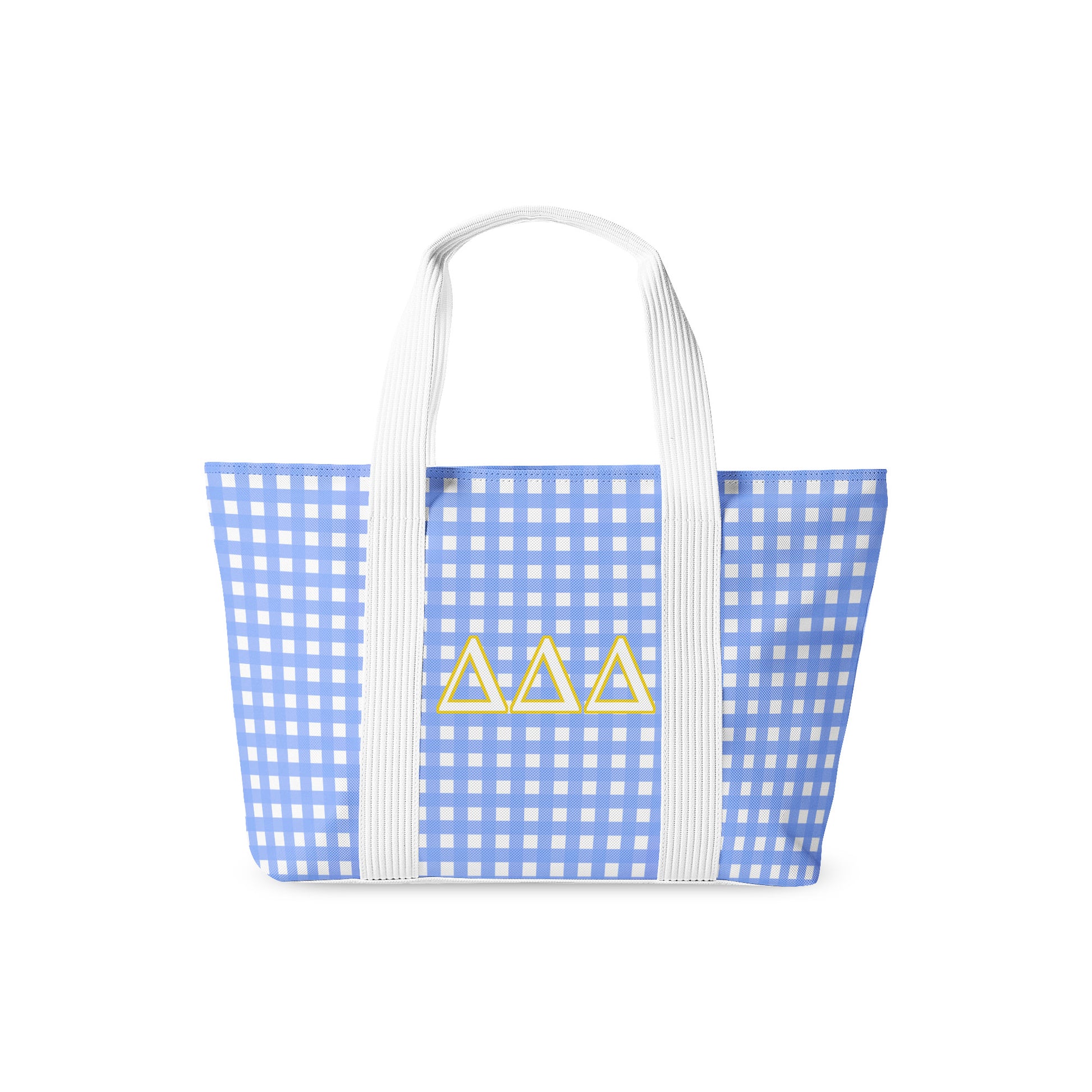 Tote bag with blue and white checkered pattern and gold Tri Delta Greek letters on a white background