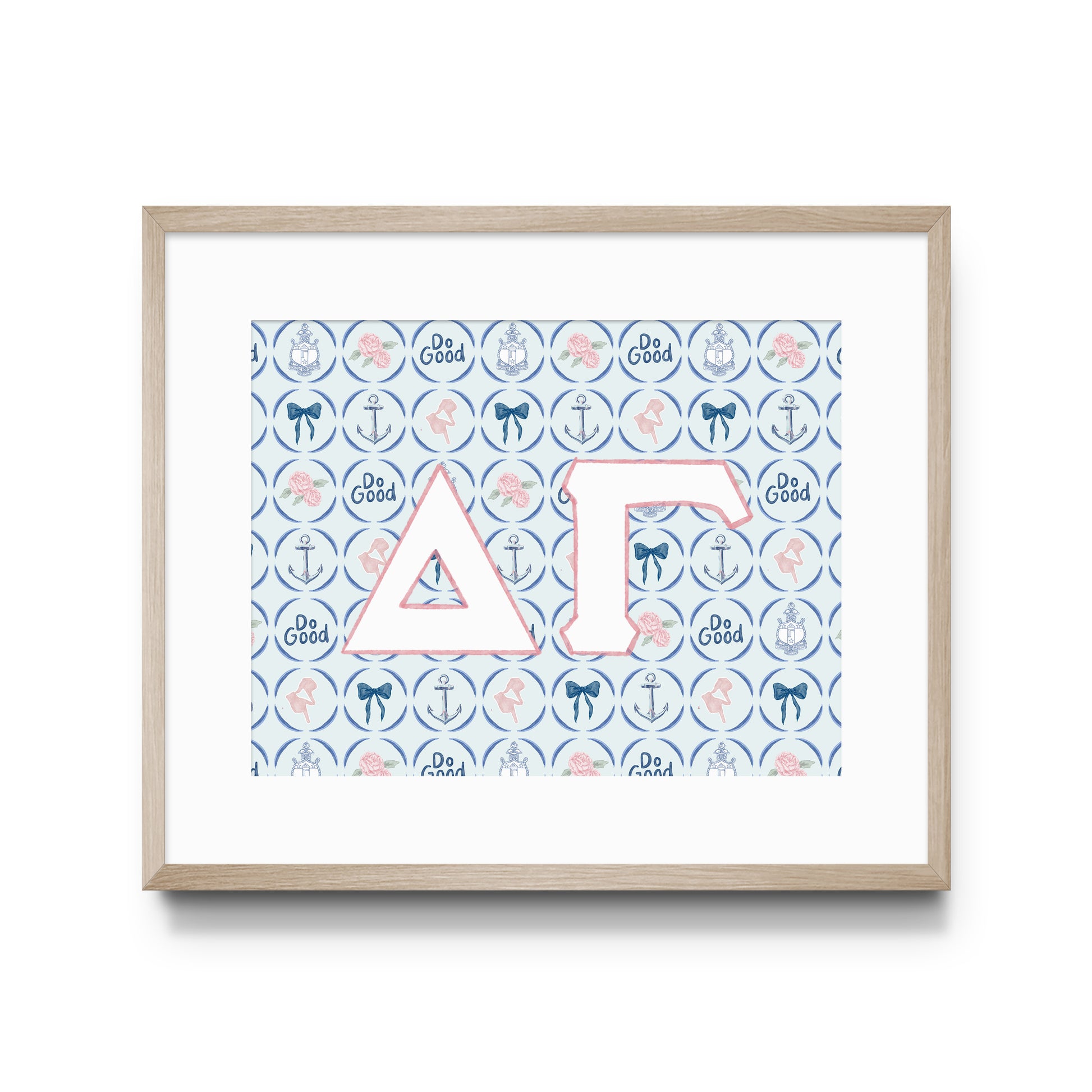 Framed artwork with Delta Gamma Greek letters and patterns on a white background