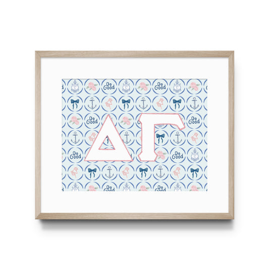 Framed artwork with Delta Gamma Greek letters and patterns on a white background