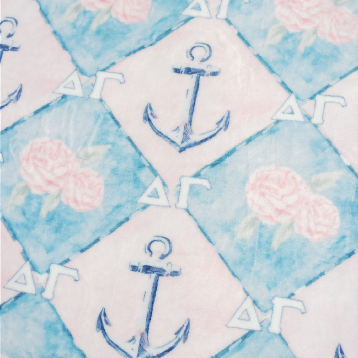 Pattern with anchors and flowers on a blue and pink background