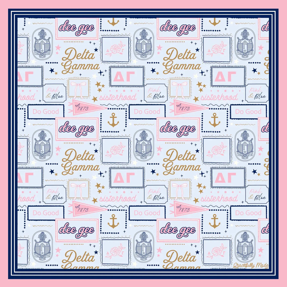 A square Delta Gamma sorority-themed patterned scarf with a repeating print of 'Delta Gamma' in gold script, 'Do Good' in pink script, anchors, bows, and Greek letters on a light blue background with a pink outer border.