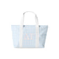 Tote bag with blue and white checkered pattern and Delta Gamma Greek letters on a white background