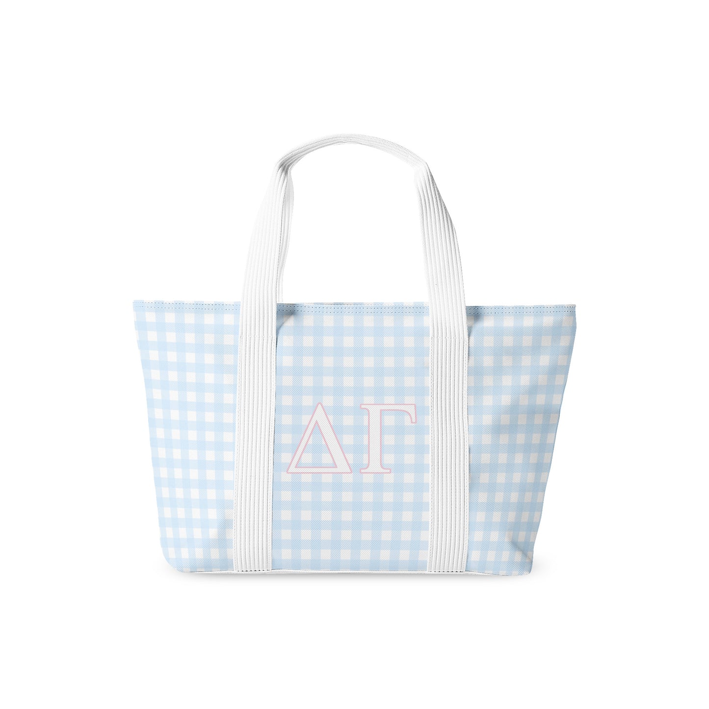 Tote bag with blue and white checkered pattern and Delta Gamma Greek letters on a white background