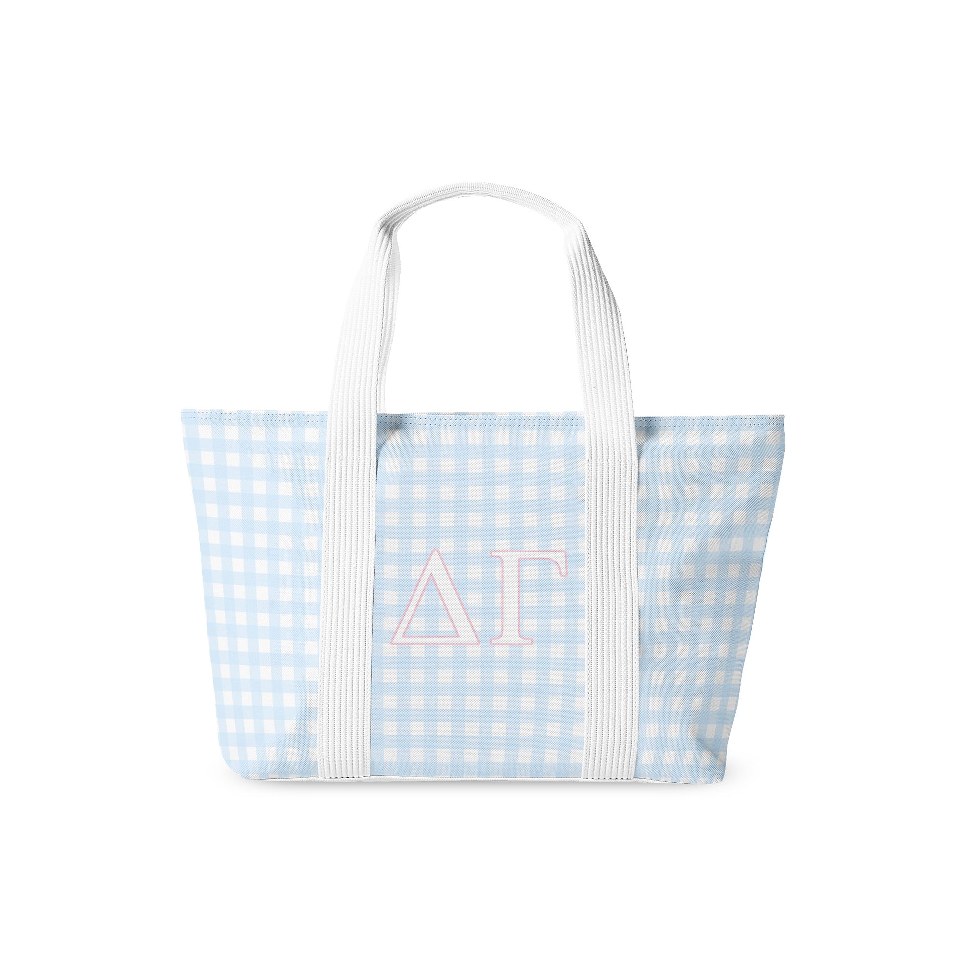 Tote bag with blue and white checkered pattern and Delta Gamma Greek letters on a white background