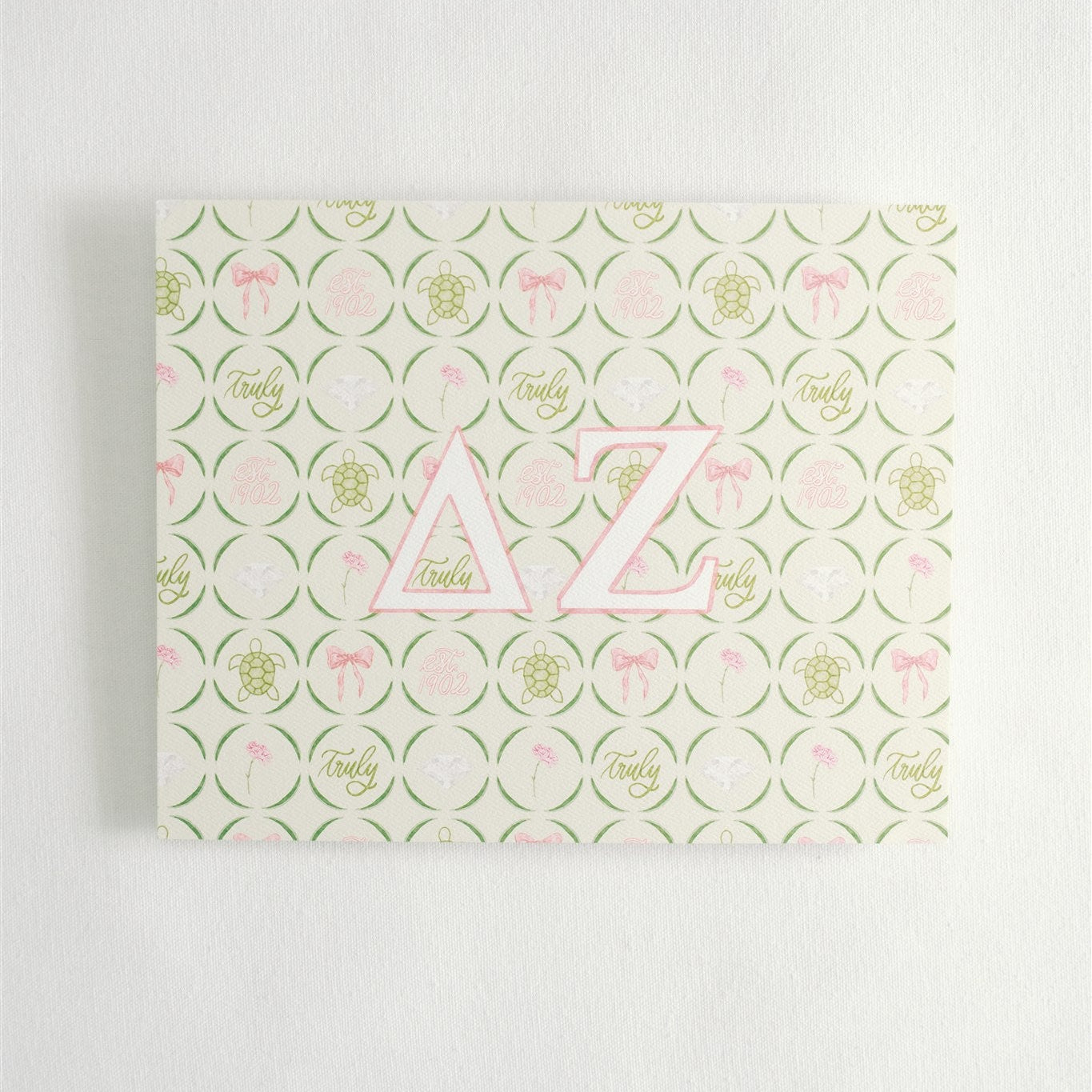 Art print with decorative background and Delta Zeta Greek letters.