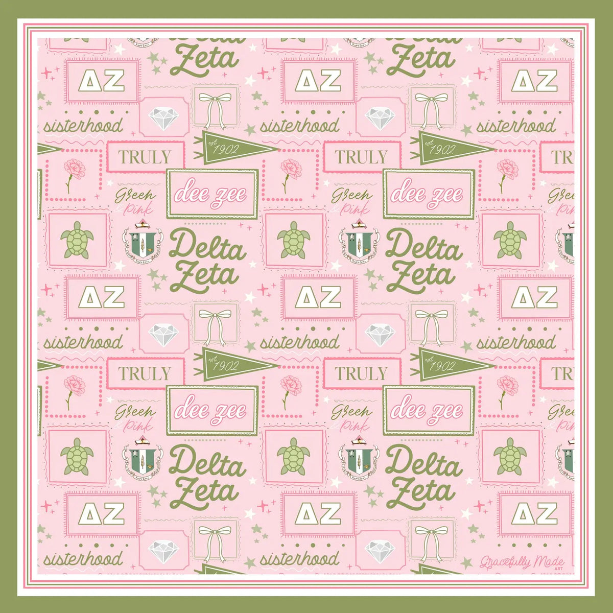 A close of up a silk scarf featuring a pink background, green border and Delta Zeta themed illustrations including a turtle, rose, and diamonds. 