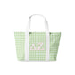 Green and white checkered tote bag with 'Delta Zeta' initials on a white background
