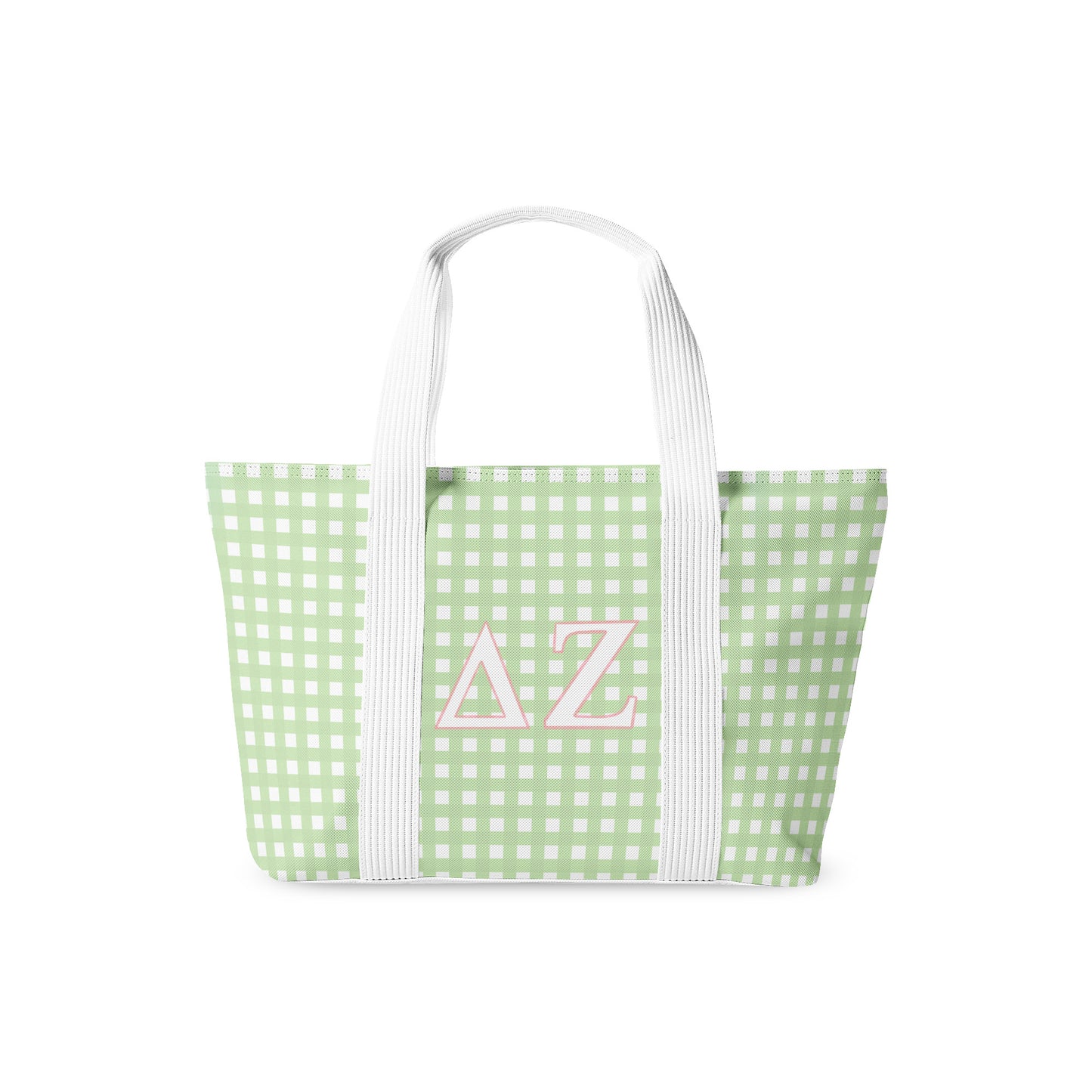 Green and white checkered tote bag with 'Delta Zeta' initials on a white background