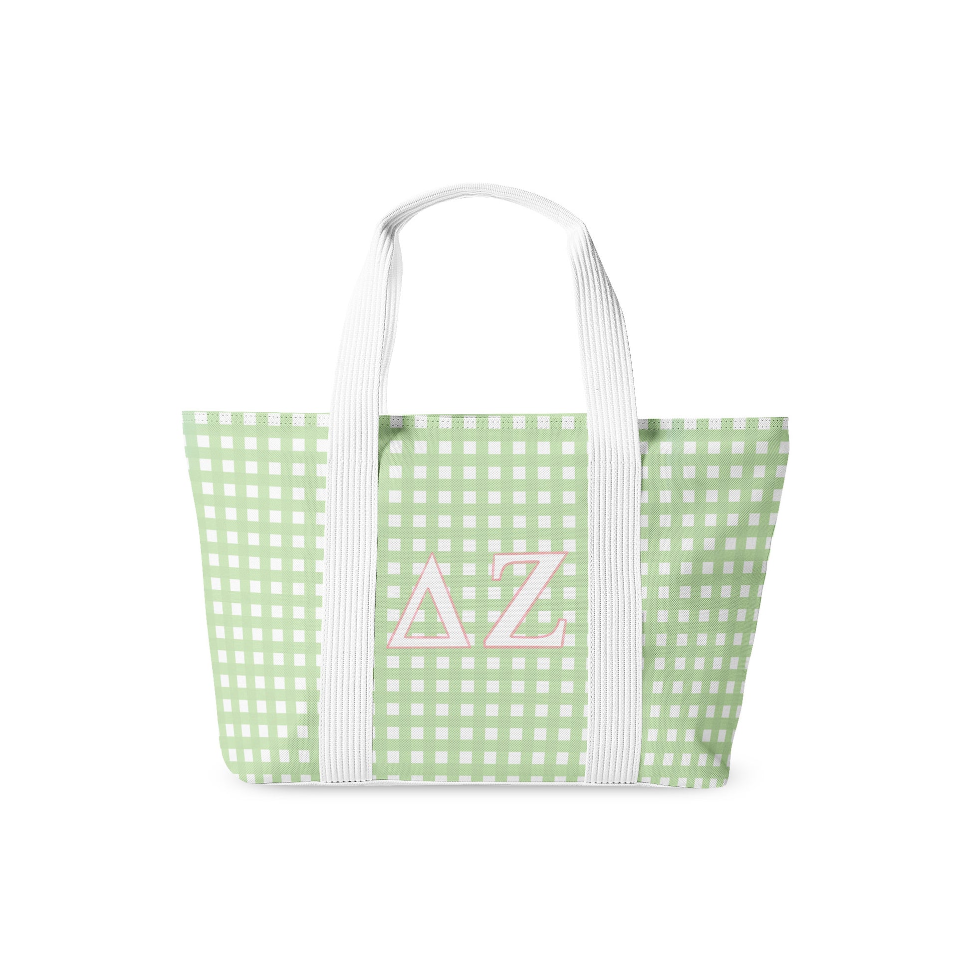 Green and white checkered tote bag with 'Delta Zeta' initials on a white background