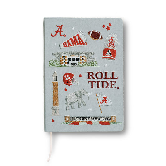 Light grey hardcover notebook with embroidered University of Alabama symbols on the front.