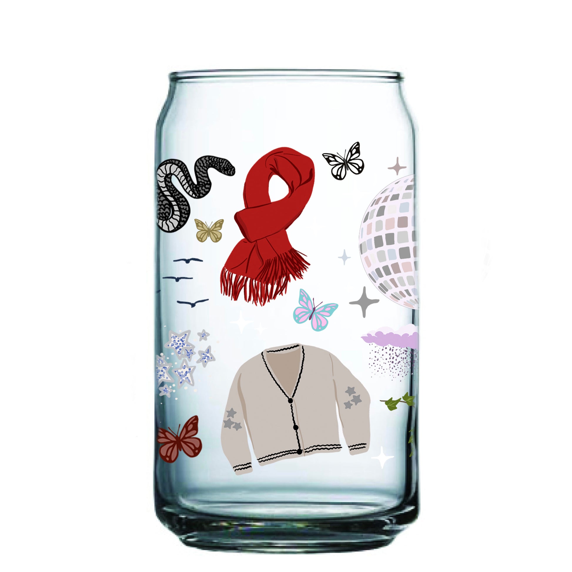Clear glass with Taylor Swift symbols on it.