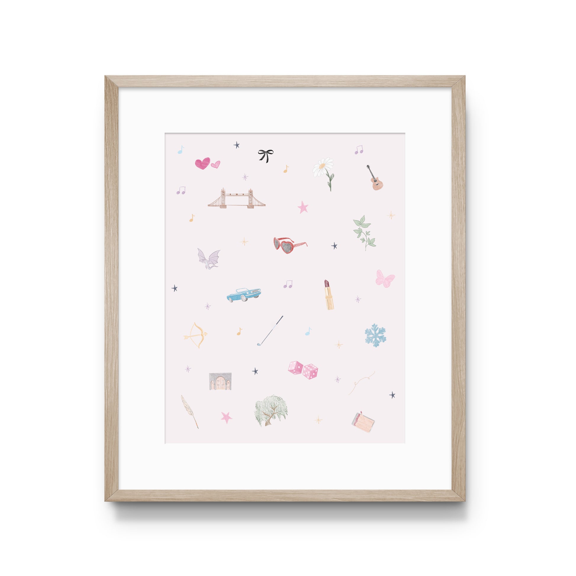 Watercolor collage of Taylor Swift symbols with a light pink background.