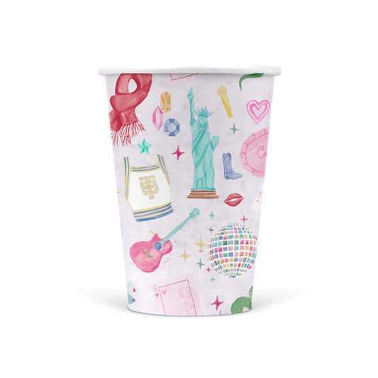 Light purple paper up patterned with original watercolor art of Taylor Swift symbols.