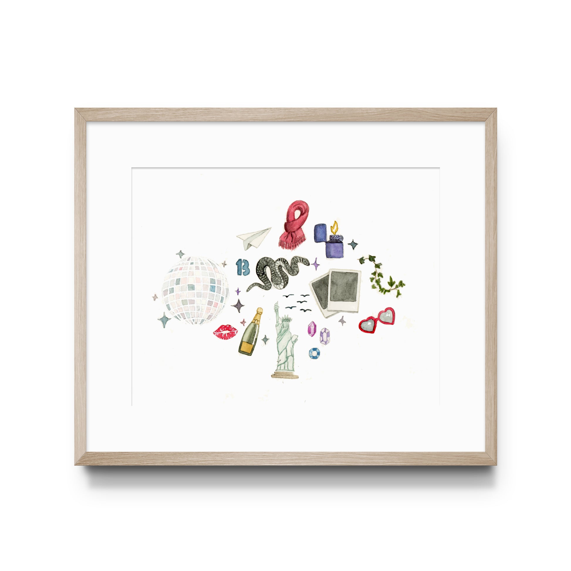 Watercolor illustrations of popular Taylor Swift inspired symbols on a white background.