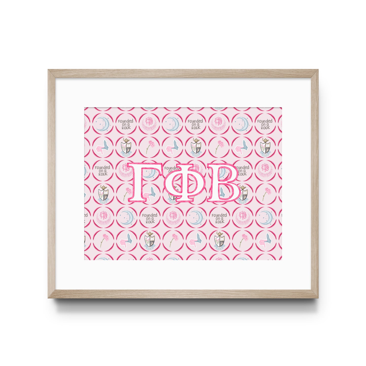 Framed poster with pink and white design featuring Gamma Phi Beta Greek letters on a white background