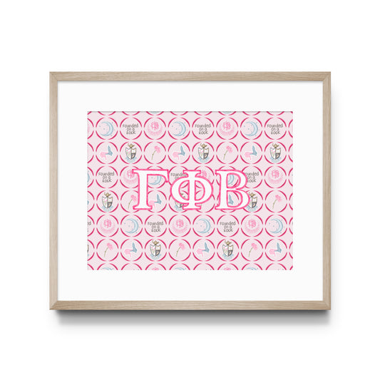 Framed poster with pink and white design featuring Gamma Phi Beta Greek letters on a white background