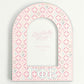 Pink arch-shaped photo frame with 'Gracefully Made' branding and 'Gamma Phi Beta' Greek letters.