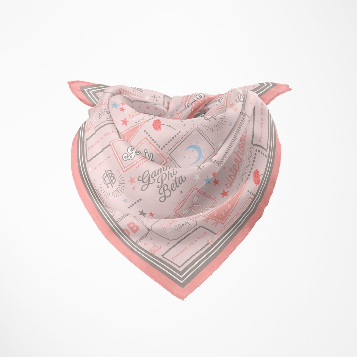 A folded silk scarf featuring a light pink background, dark pink border, and grey illustrations and text themed to the Gamma Phi Beta sorority. 