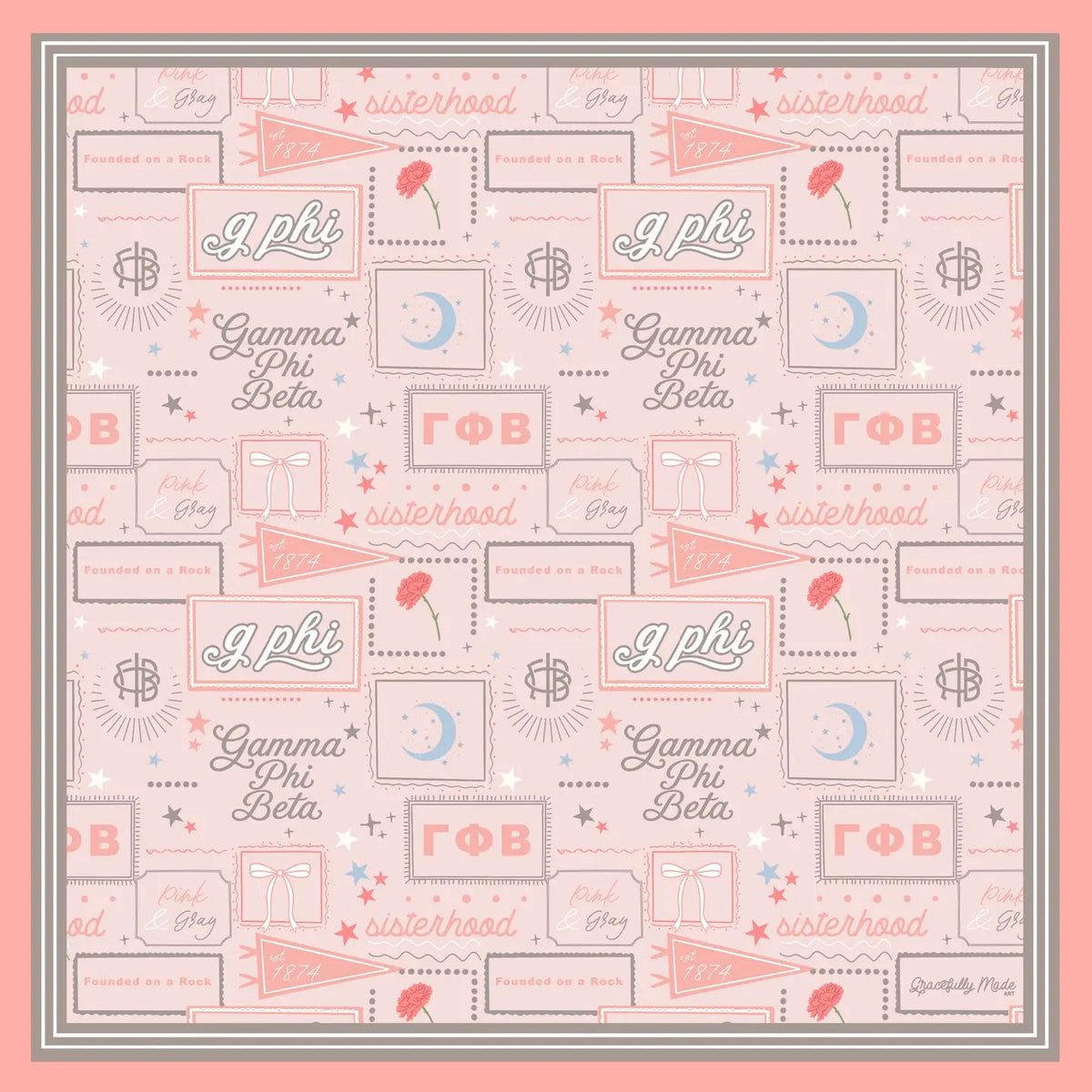 A close up of a silk scarf with Gamma Phi Beta Greek letters, text, and illustrations on a light pink background with grey accents and a darker pink border.