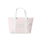 Tote bag with pink and white checkered pattern and 'Gamma Phi Beta' monogram on a white background