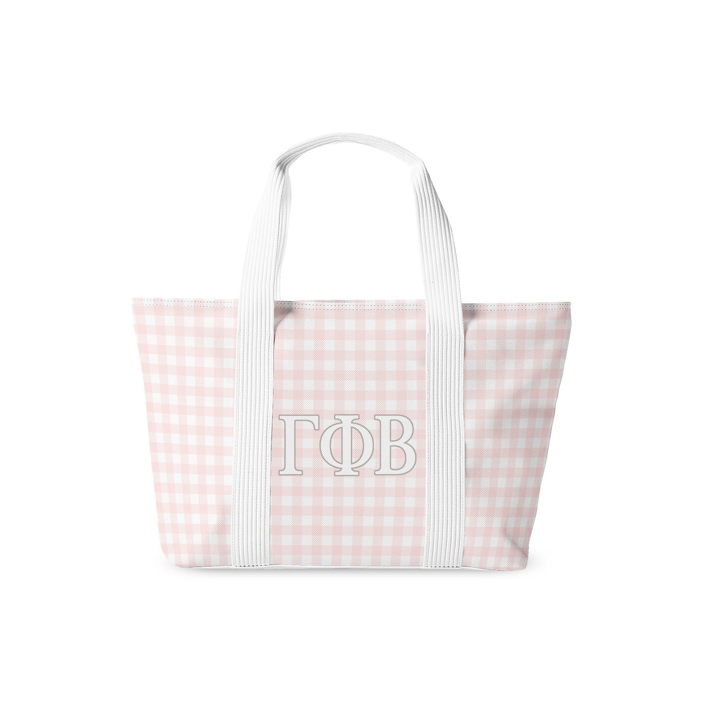 Tote bag with pink and white checkered pattern and 'Gamma Phi Beta' monogram on a white background