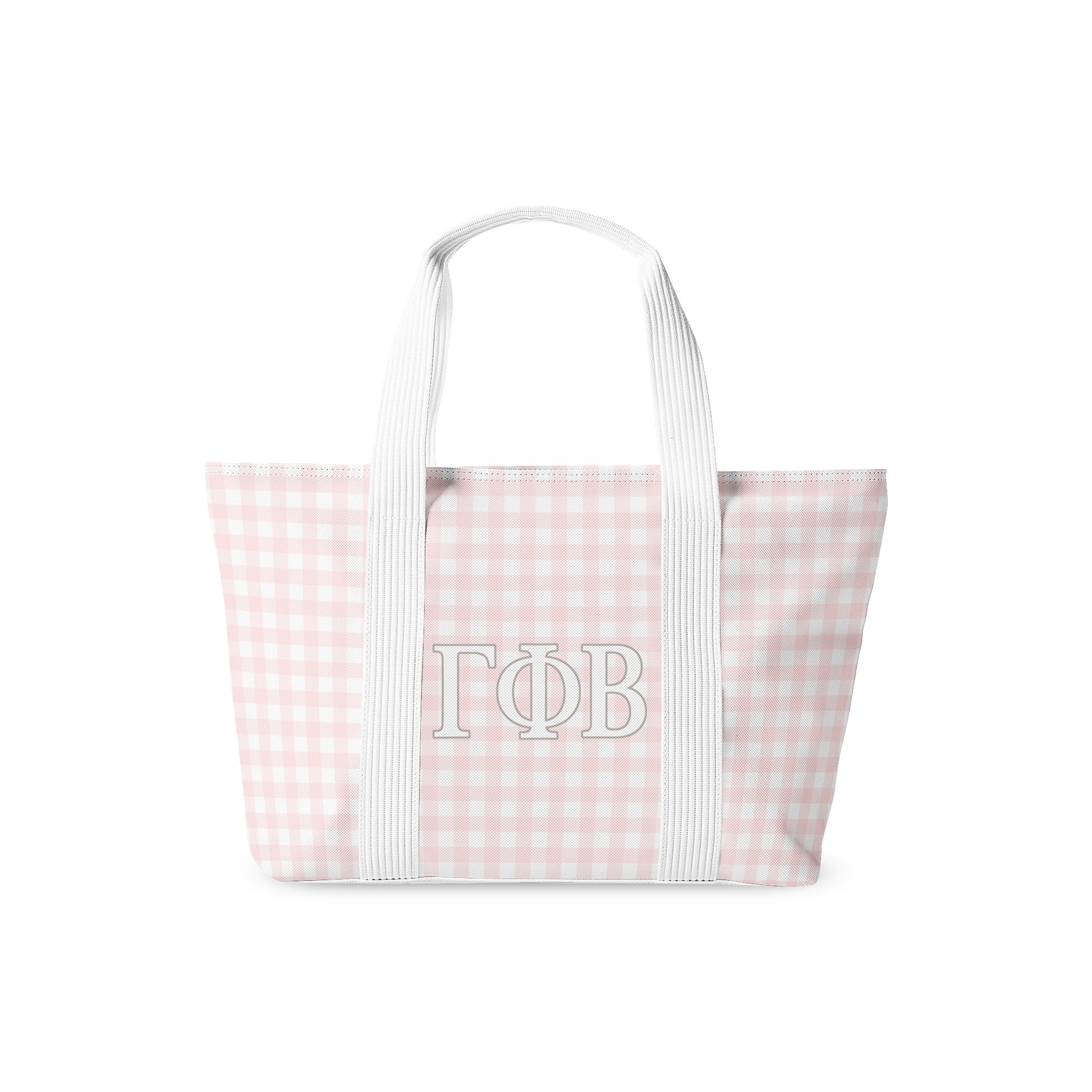Tote bag with pink and white checkered pattern and 'Gamma Phi Beta' monogram on a white background