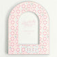 Pink arch-shaped photo frame with 'Gamma Phi Beta' Greek letters and decorative patterns on a white background.