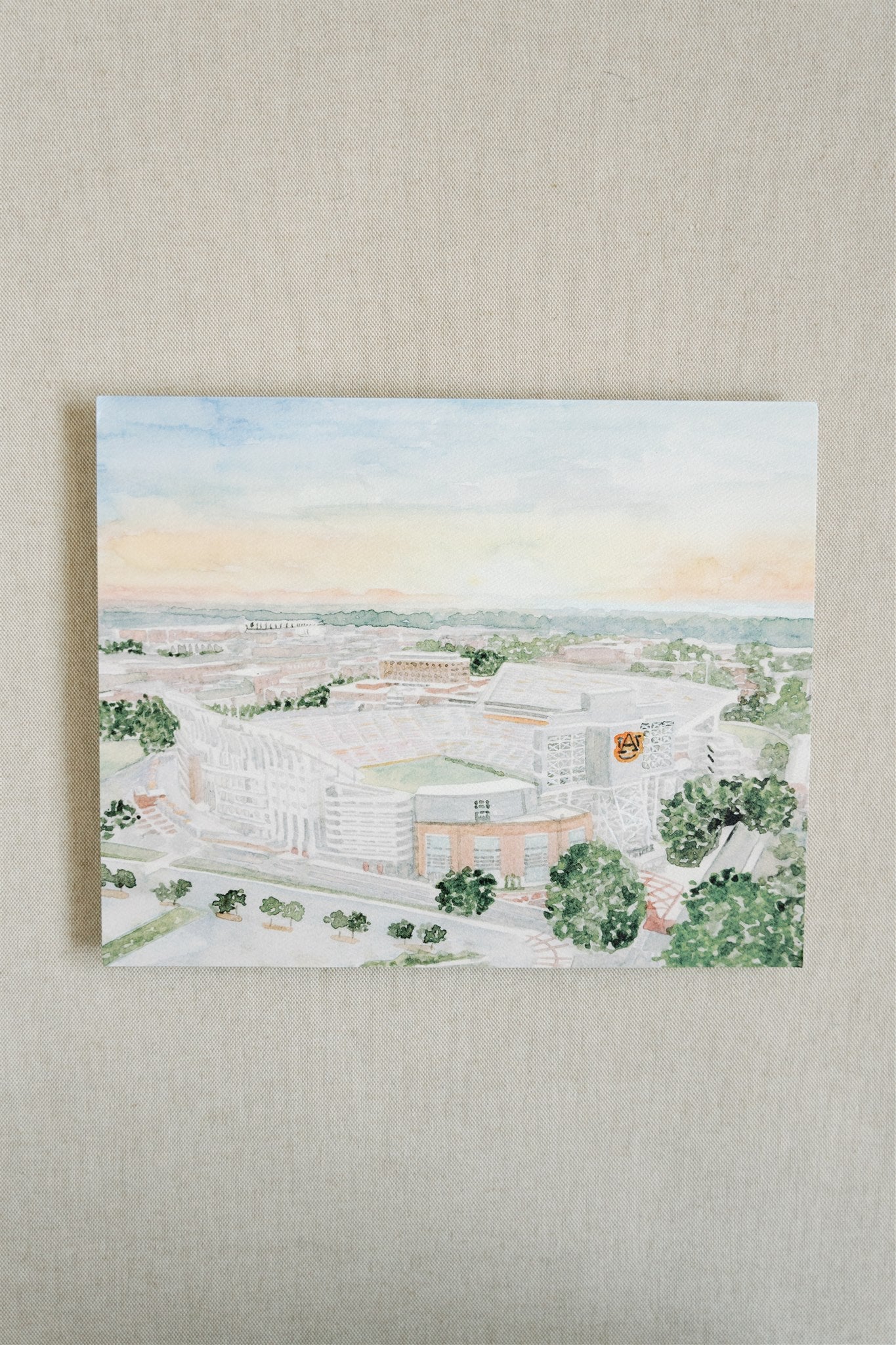 Watercolor print of the Auburn University football stadium, Jordan Hare.