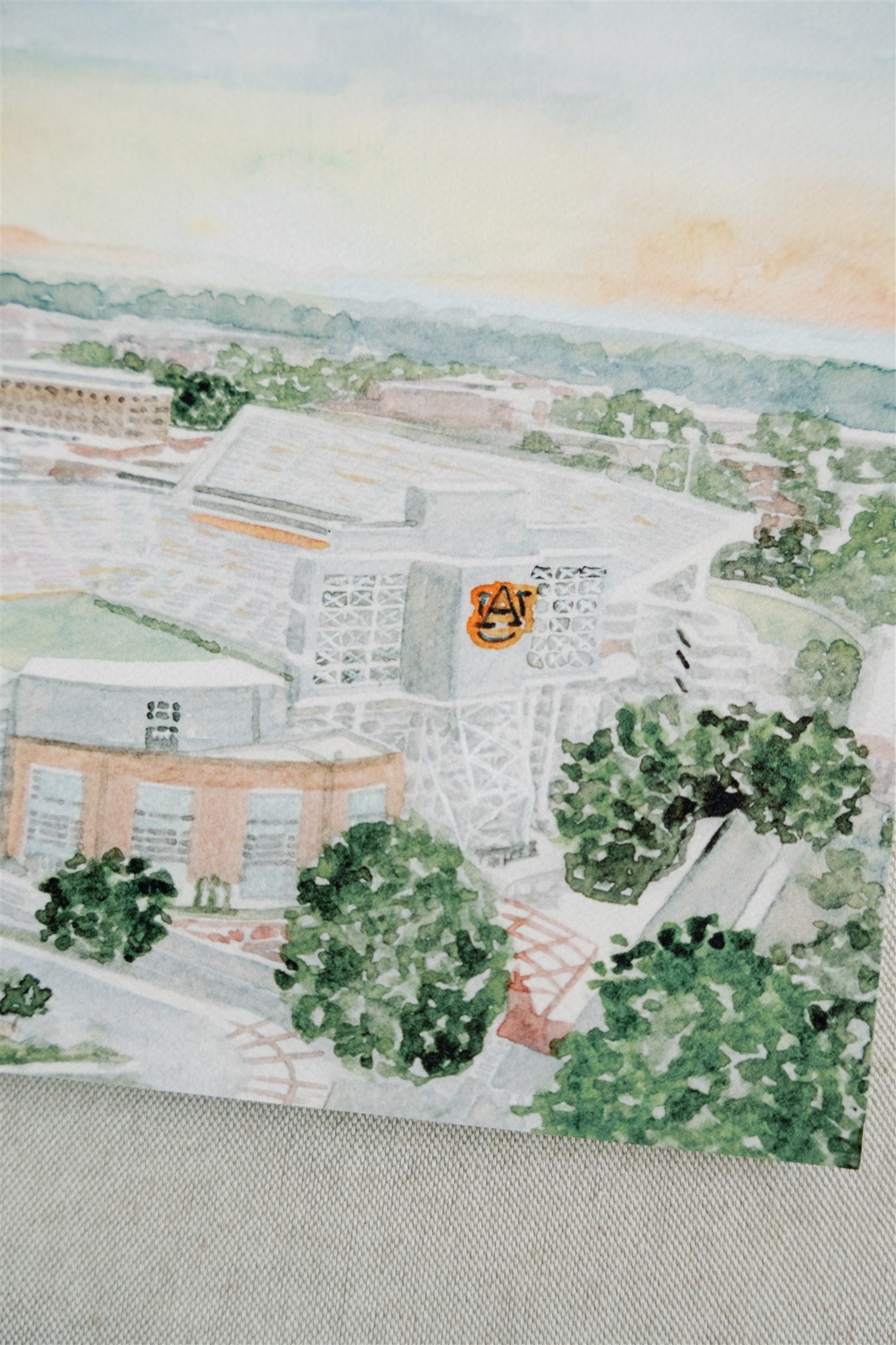Watercolor print of the Auburn University football stadium, Jordan Hare.
