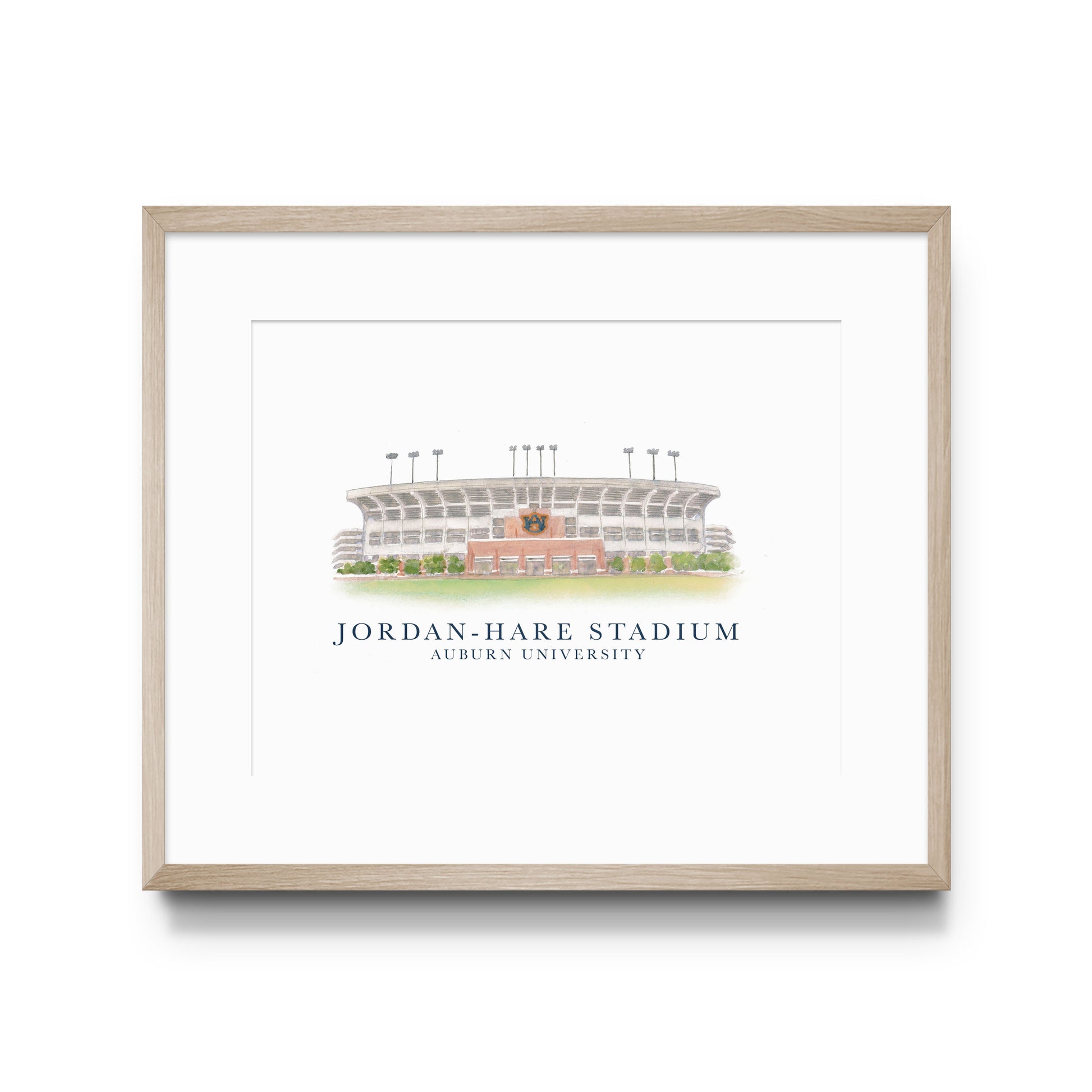 Watercolor illustration of Auburn University's Jordan Hare Stadium.
