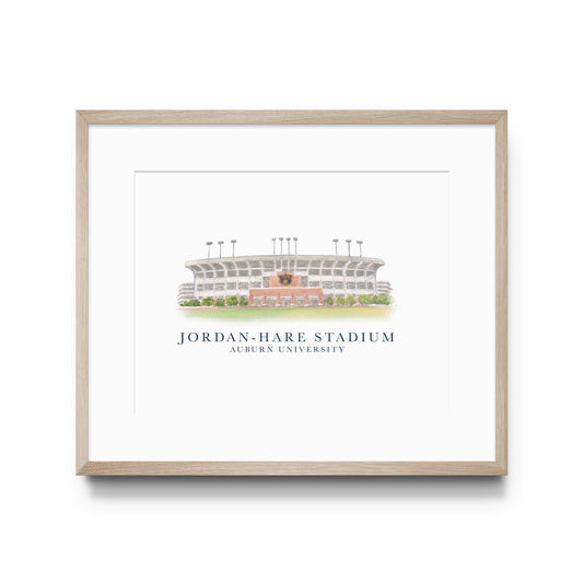 Watercolor illustration of Auburn University's Jordan Hare Stadium.