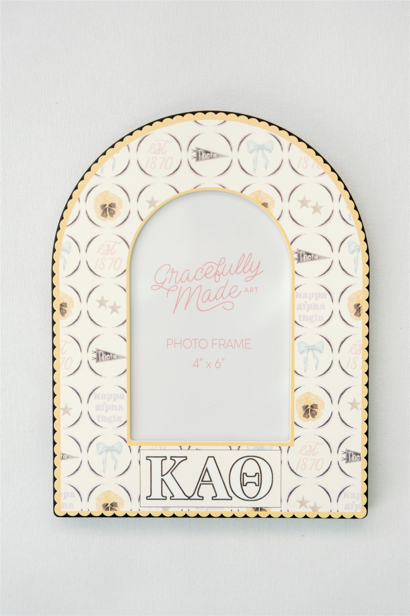 Decorative photo frame with Kappa Alpha Theta pattern and Greek letters on a light gray background