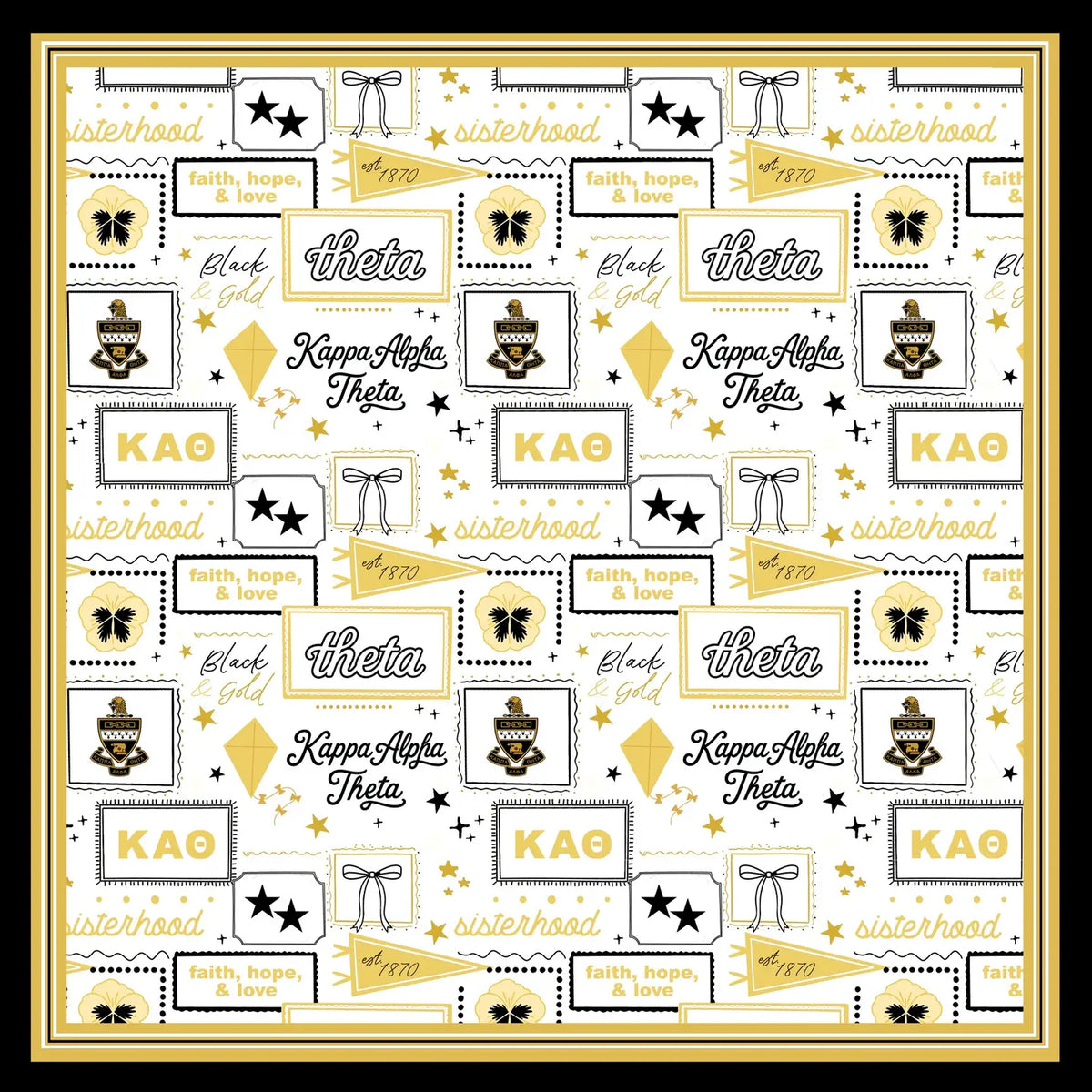A close up of a silk scarf with a white background, black and gold border and Kappa Alpha Theta Greek letters and illustrations including a kite, flower, stars, and bow.