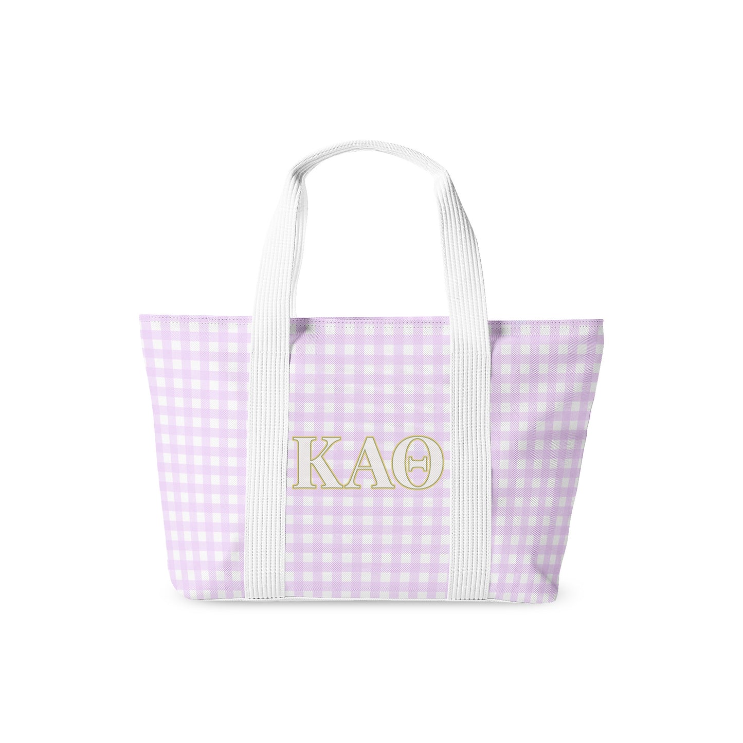Purple gingham tote bag with Kappa Alpha Theta initials on a white background