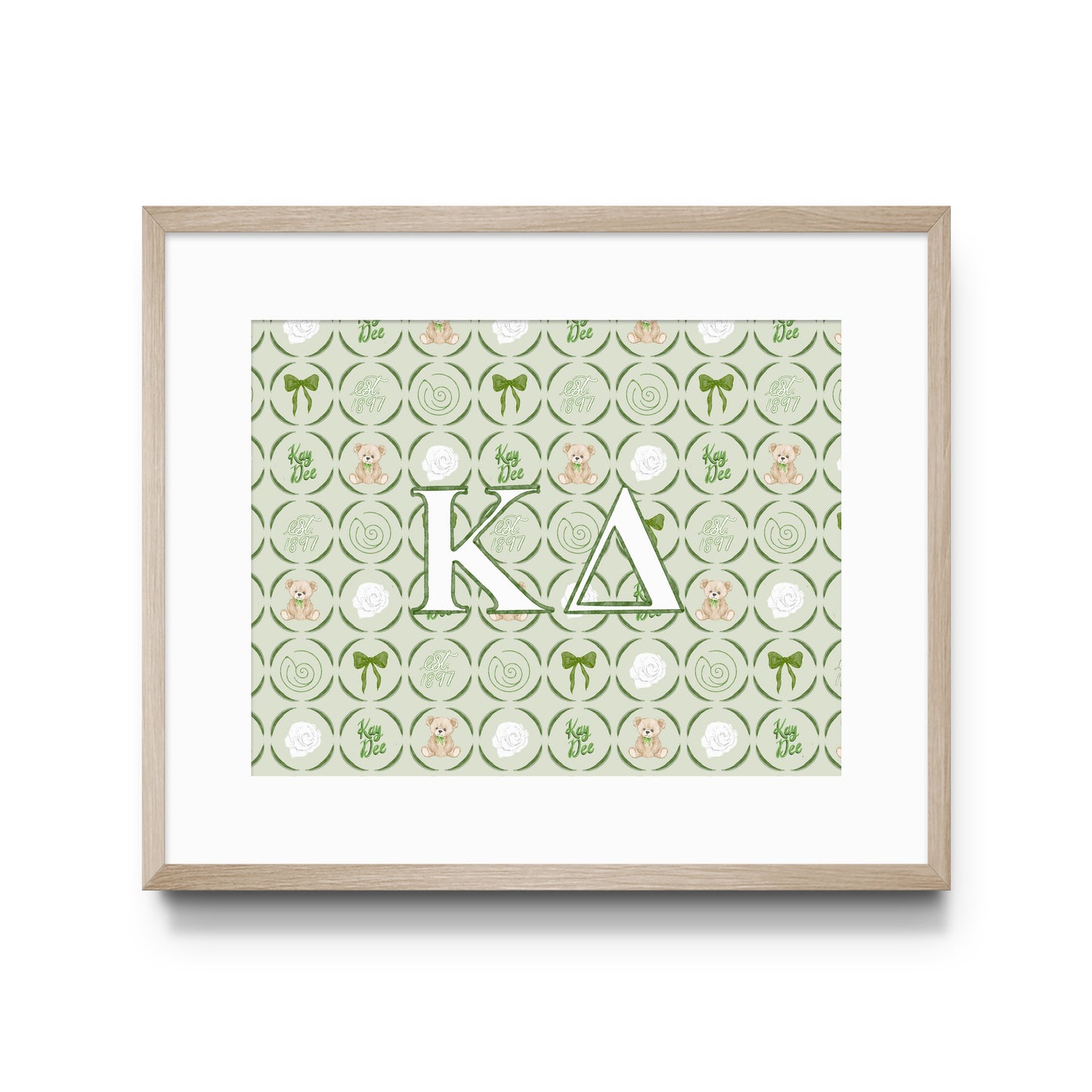 Framed poster with 'Kappa Delta' Greek letters on a green patterned background