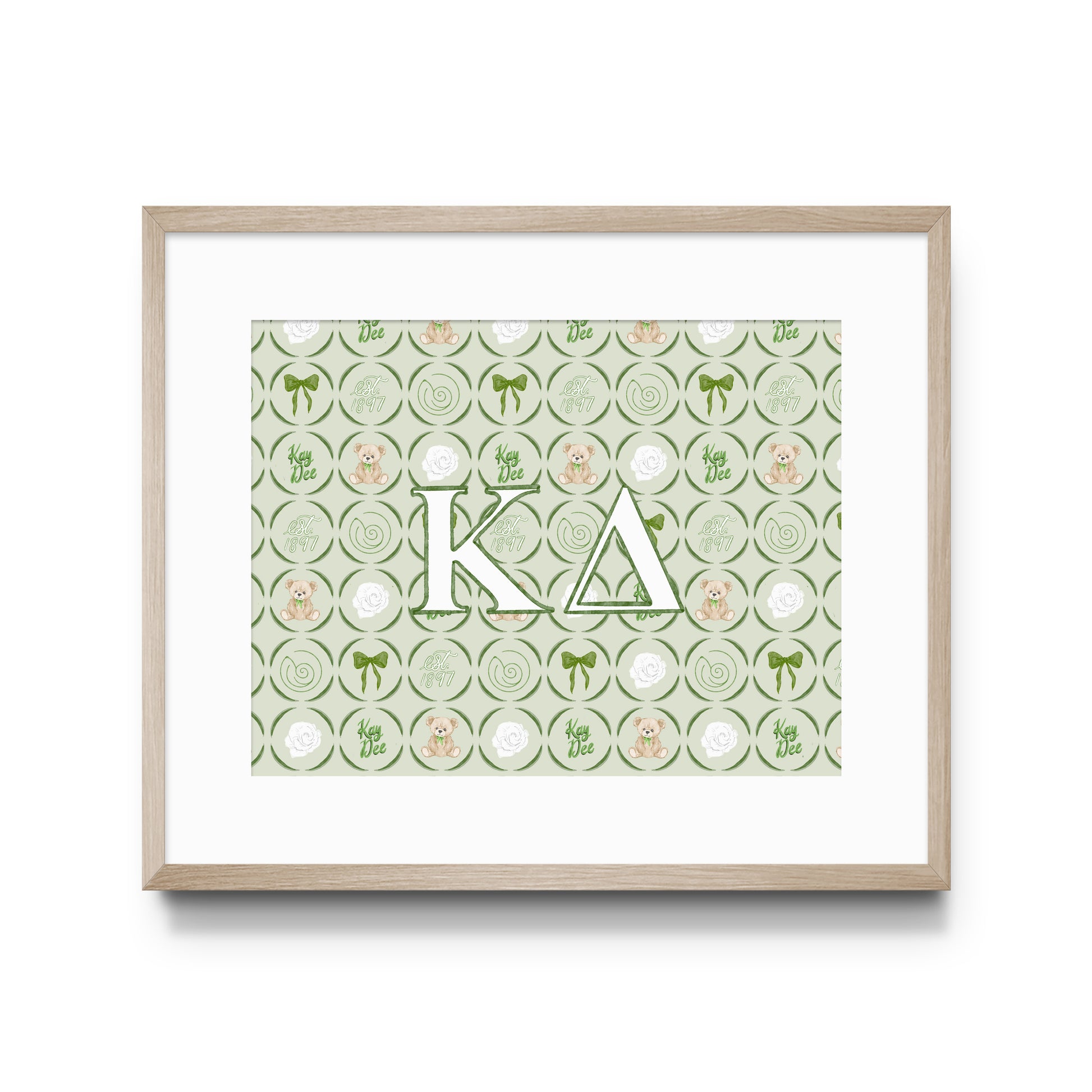 Framed poster with 'Kappa Delta' Greek letters on a green patterned background