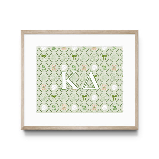 Framed poster with 'Kappa Delta' Greek letters on a green patterned background