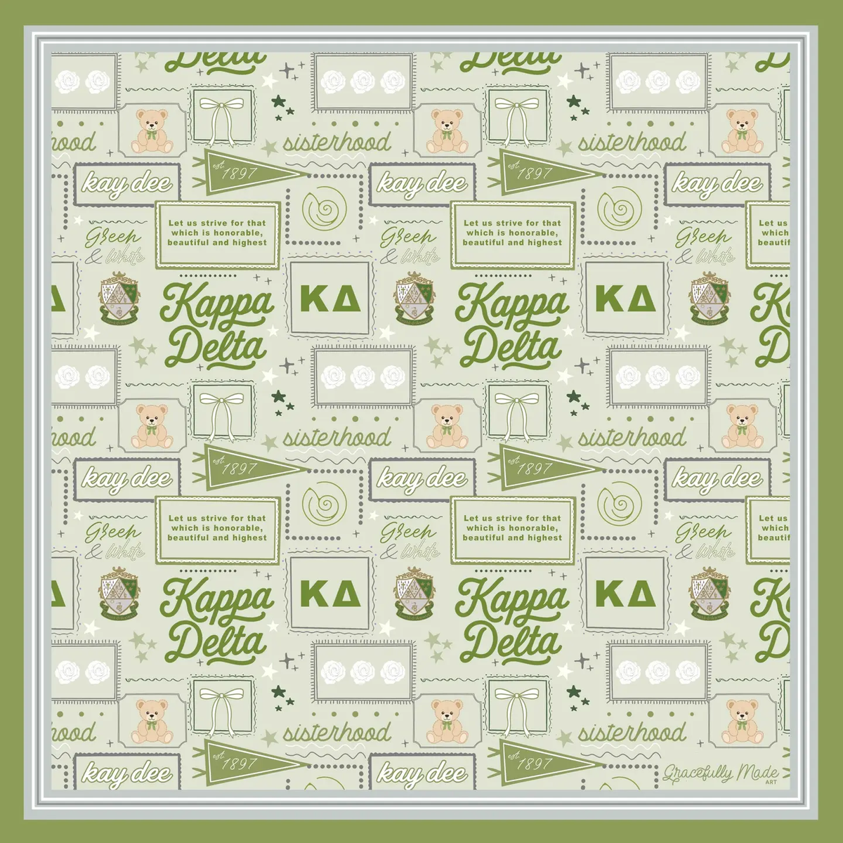 A close up of the square Kappa Delta themed scarf featuring 'Kappa Delta' text, 'sisterhood' wording, Greek letters, stars, and small teddy bear illustrations on a light green background with olive green and sage green accents.