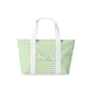Green gingham tote bag with white Kappa Delta Greek letters on a white background
