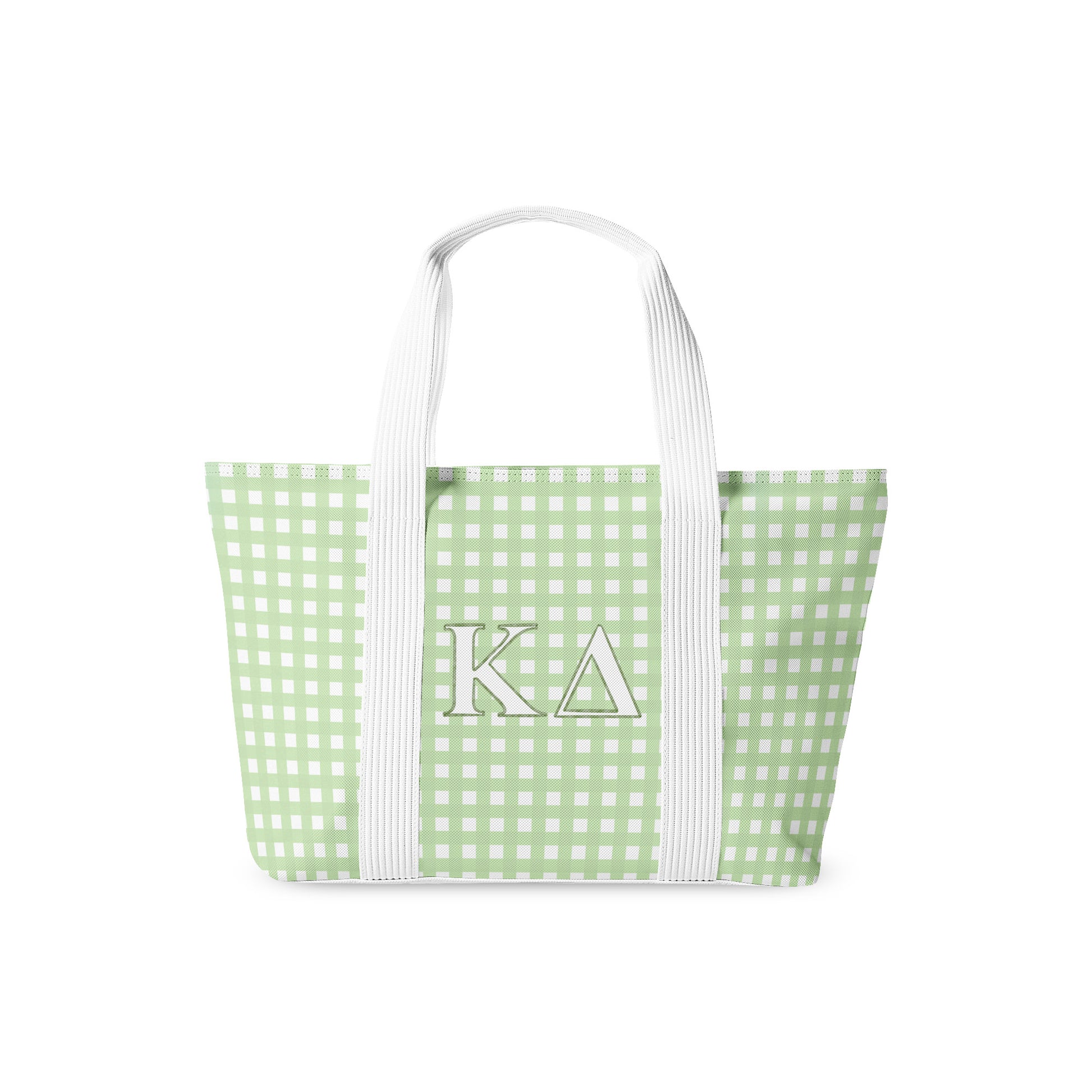 Green gingham tote bag with white Kappa Delta Greek letters on a white background