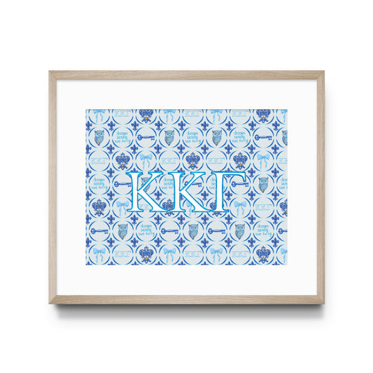 Framed artwork with blue and white pattern and Kappa Kappa Gamma Greek letters on a white background