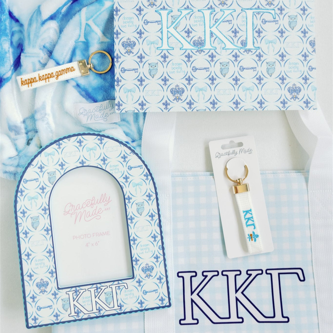 Decorative items with Kappa Kappa Gamma letters on a white background