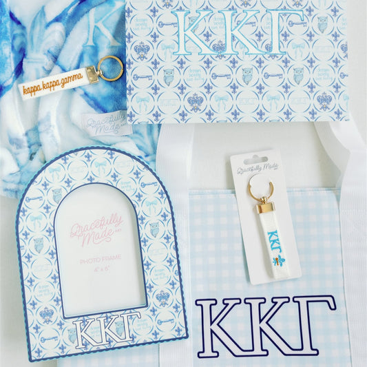 Decorative items with Kappa Kappa Gamma letters on a white background