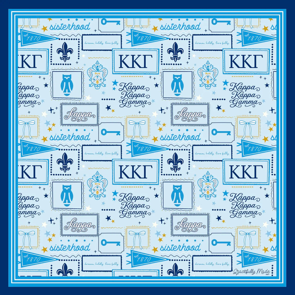 A close up of the Kappa Kappa Gamma silk scarf featuring a repeating pattern of themed illustrations, including 'sisterhood' text, 'KKG' squares, fleur-de-lis, owl illustrations, keys, and pennant banners in blue, navy, white, and light blue.