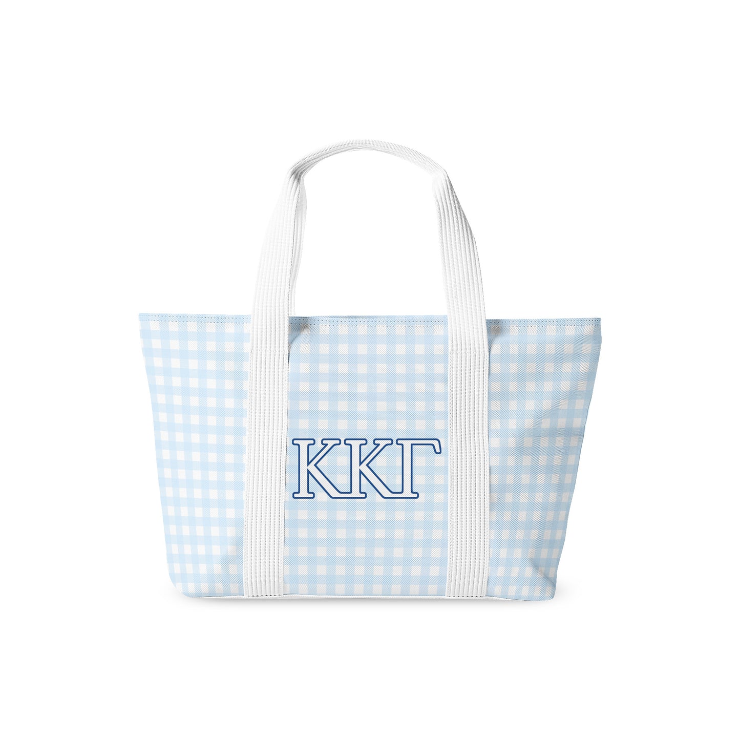 Tote bag with blue and white checkered pattern and 'KKG' Greek letters on a white background